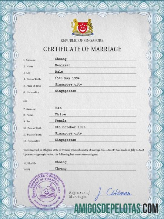 Realista modelo PSD de certidão de casamento de Singapura